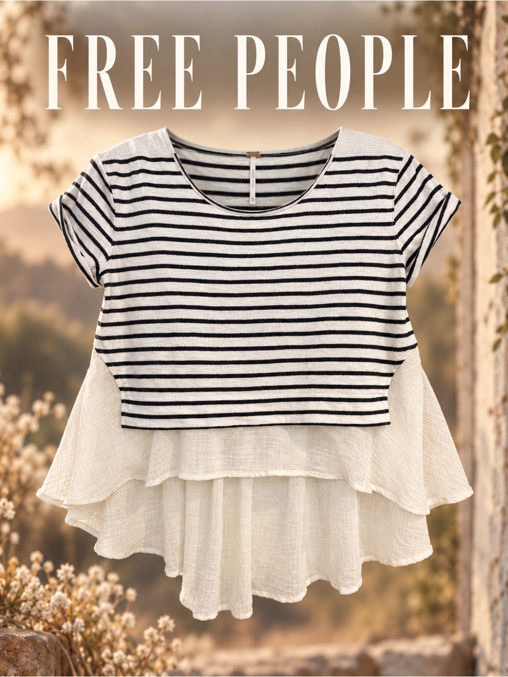 Free People Black & White Striped Layered Peplum Top Open Back Free Size XS-Med